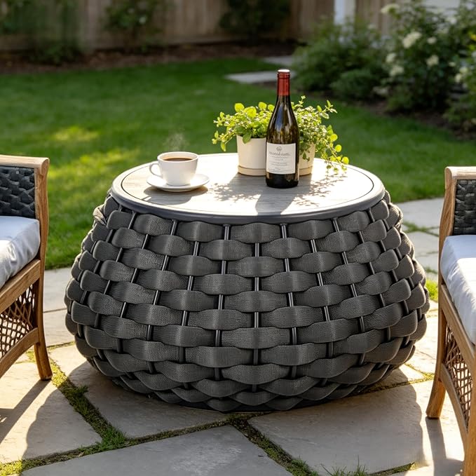 Large Round Outdoor Wicker Side Table, 28 Inches Patio End Table with Removable Wood Top, Outside Coffee Table, All-Weather Metal Frame, Hollow Out Bottom Storage, for Balcony, Porch, Garden, Gray