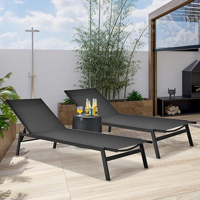 COSTWAY 2 PCS Patio Lounge Chair Chaise Recliner Back Adjustable Garden Black - Photo 2