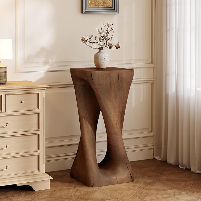 Christopher Knight Home Novi 26.8"H Lightweight Concrete Outdoor Side Table, Hollow Twist-Shaped Patio End Table, MGO Outdoor Coffee Table, Garden Plant Stand Indoor, Wood-Like Texture, Antique Brown