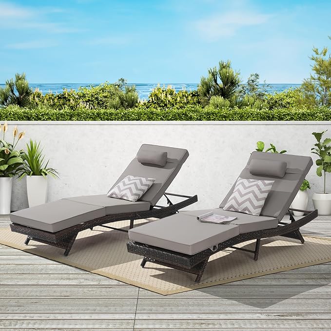 Outdoor Lounge Chairs Set of 2,Wicker Chaise Lounge Chair Pool Chaise Lounge,Patio Lounge Chair with Adjustable Backrest Arm Cushion for Poolside (Light Gray, No armrests)
