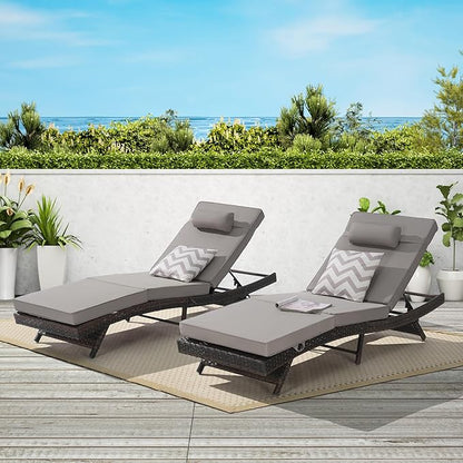 Outdoor Lounge Chairs Set of 2,Wicker Chaise Lounge Chair Pool Chaise Lounge,Patio Lounge Chair with Adjustable Backrest Arm Cushion for Poolside (Light Gray, No armrests)