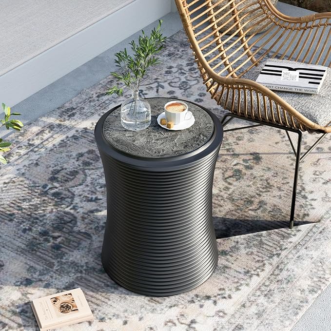 SUNBURY Outdoor Concrete Side Table, 14" W Hourglass Shaped Outdoor Side Table for Patio, Outside Accent Table Garden Stool, Modern End Table w Faux Natural Slate Rock for Porch, Sunroom, Deck