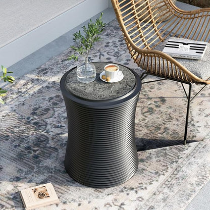 SUNBURY Outdoor Concrete Side Table, 14" W Hourglass Shaped Outdoor Side Table for Patio, Outside Accent Table Garden Stool, Modern End Table w Faux Natural Slate Rock for Porch, Sunroom, Deck