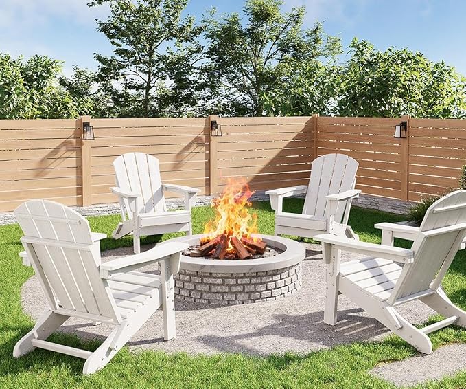 GarveeLife Folding Adirondack Chairs Set of 4, HDPE Plastic Outdoor Chairs with Wood Texture - 380 LBS & Weather Resistant for Fire Pit, Deck, Patio, Pool, Backyard - White