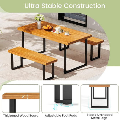 RELAX4LIFE Outdoor Bench Acacia Wood - 48’’ Garden Patio Dining Bench w/Slatted Seat, Metal Legs, 2-Person Backless Picnic Loveseat, Farmhouse Indoor Outdoor Furniture for Entryway Deck Park Porch (1)