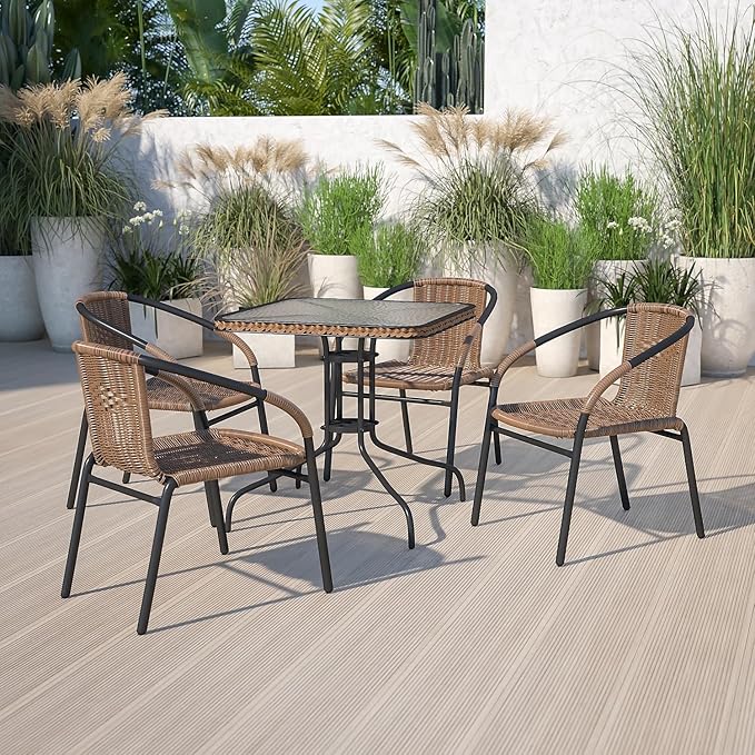 Flash Furniture Barker 28'' Square Tempered Glass Metal Table with Dark Brown Rattan Edging - Photo 2