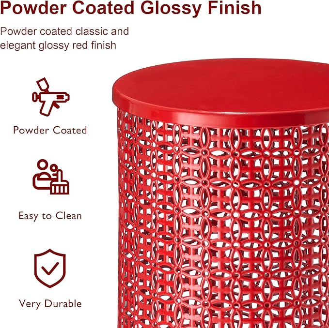 Glitzhome Outdoor Side Table Set of 2, Decorative Garden Stool for Patio Heavy Duty Metal Frame Accent Table Modern End Table, Glossy Red