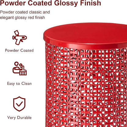 Glitzhome Outdoor Side Table Set of 2, Decorative Garden Stool for Patio Heavy Duty Metal Frame Accent Table Modern End Table, Glossy Red