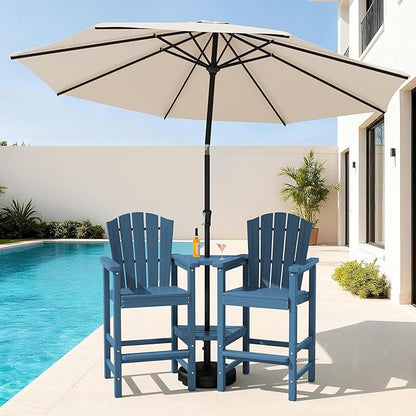 KINGYES Tall Adirondack Chair Set of 2 with 9FT Umbrella, All-Weather HDPE Outdoor Adirondack Barstools with Double Connecting Trays, Bar High Airondack Chair with Wood Grain, Balcony Chair, Blue