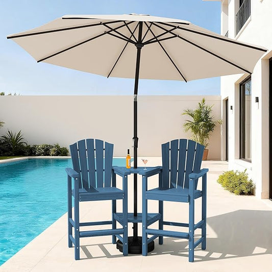 KINGYES Tall Adirondack Chair Set of 2 with 9FT Umbrella, All-Weather HDPE Outdoor Adirondack Barstools with Double Connecting Trays, Bar High Airondack Chair with Wood Grain, Balcony Chair, Blue