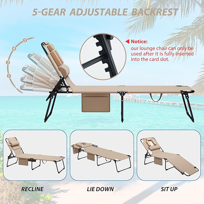 400lbs Tanning Chair, 5-Fold Beach Lounge Chair with Face Hole & 2 Side Pockets, Non-Slip Foot & Portable Handle, Beach Chaise Lounge for Patio/Pool/Lawn(1, Beige)
