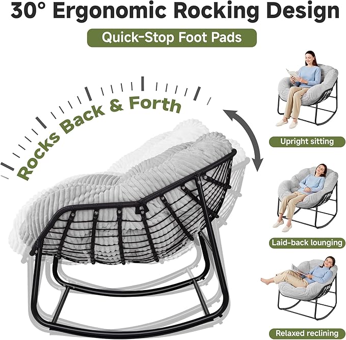 Indoor Rocking Chair, Oversized Outdoor Lounge Chair with Thick Corduroy Cushion & Straps - Photo 3