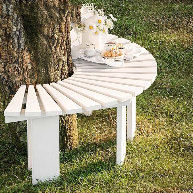 Wooden wrap Around Tree Bench Weatherproof，Semi Circle Garden Bench，Curved Outdoor Bench，for Garden, Park，Patio ，Outside，Plant(White,Semicircle)