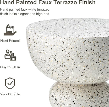 Glitzhome Outdoor Side Tables Set of 2, Heavy Duty Patio Sturdy Faux Terrazzo Decorative Garden Stool Planter Stand for Indoor Covered Outdoor, 17.25" H, Faux White
