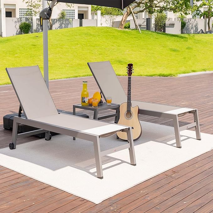 PURPLE LEAF 6-Piece Patio Chaise Lounge Outdoor Pool Lounge Chairs with Adjustable Backrest and Side Tables Aluminum Reclining Sunbathing Tanning Chair for Outside Poolside Yard Balcony, Khaki