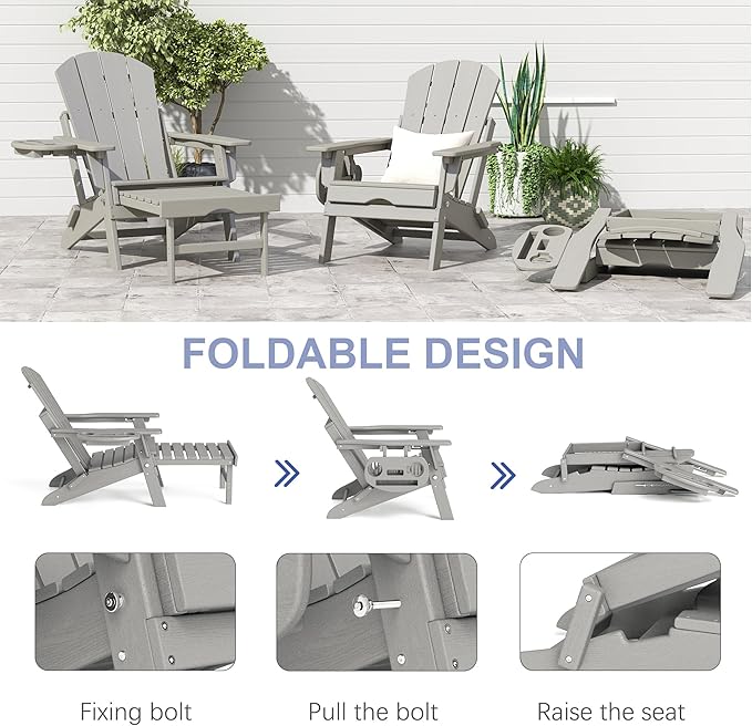 FOOWIN Adirondack Chair with Retractable Ottoman,HDPE Folding Adjustable Adirondack Chair w/4 in 1 Cup Holder Trays,All-Weather Resistant Fire Pit Chair for Outdoor Patio Lawn Set of 6