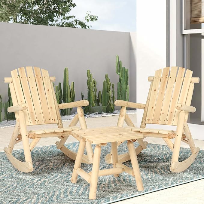 HOMEDIARY 3 Pieces Outdoor Wood Rocking Bistro Set, Adirondack Rocker Chair Set with 2 Rockers and 1 Coffee Table, Patio Wooden Conversation Set for Garden, High Fanned Back & Slatted Seat, Natural