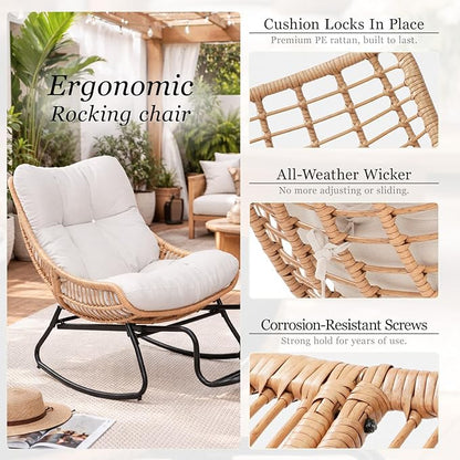 Outdoor Papasan Rocking Chair with Adjustable Footrest, Comfy Outdoor Lounge Chairs Heavy Duty Oversized Rocking Egg Chair Perfect for Patio Deck Garden and Indoor Use