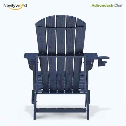 nevilywood HDPE Folding Adirondack Chair Set of 2,Waterproof All-Weather Outdoor Design with Cup Holder,Suitable for Fire Pit, Patio & Beach, Navyblue