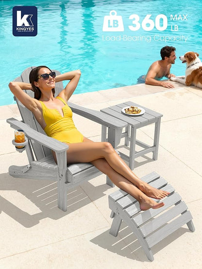 KINGYES Folding Adirondack Chair Set of 8, HDPE All-Weather Patio Chairs with Cup Holder, Wooden Textured Fire Pit Chairs for Poolside, Backyard, Deck, Silver Grey