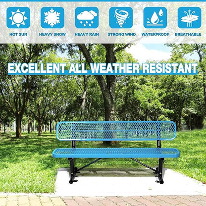 6FT/72INCH Heavy Duty Metal Park Bench for Outside, Outdoor Garden Benches with Backrest & Portable Frame, Expanded Metal Mesh Bench for Shopping Malls, Lawn, Park, Deck, Patio, Porch, Blue