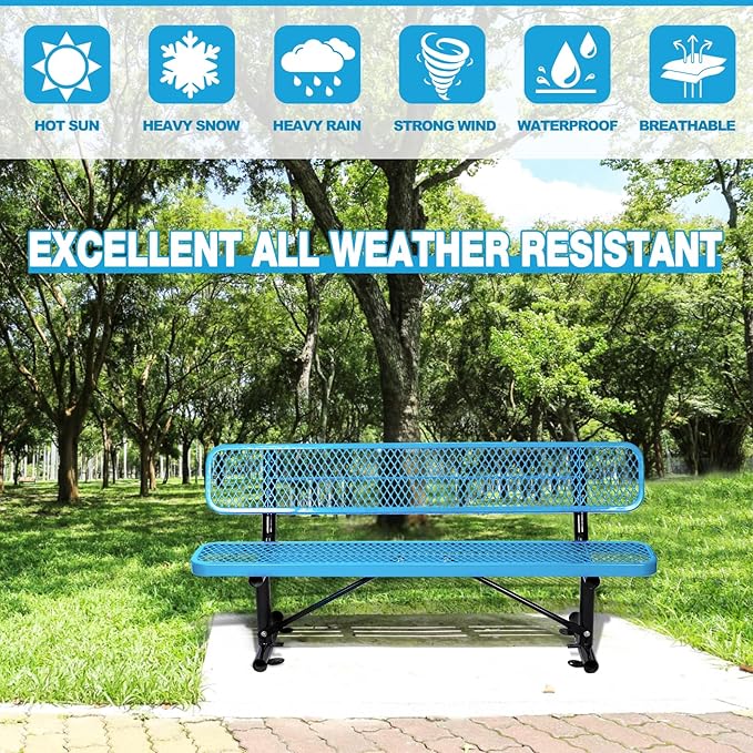 Heavy Duty Metal Park Bench for Outside, Outdoor Garden Benches with Backrest & Portable Frame, Expanded Metal Mesh Bench for Shopping Malls, Lawn, Park, Deck, Patio, Porch (Blue, 6FT/72INCH)
