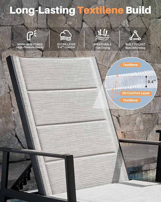 Outdoor Chaise Lounge Set of 2, Never-Rust Aluminum Patio Lounge Chairs with 3D Ultra-Thick Textilene, 6-Position Adjustable Backrest Pool Loungers for Sunbathing, Poolside, Beach, Lawn
