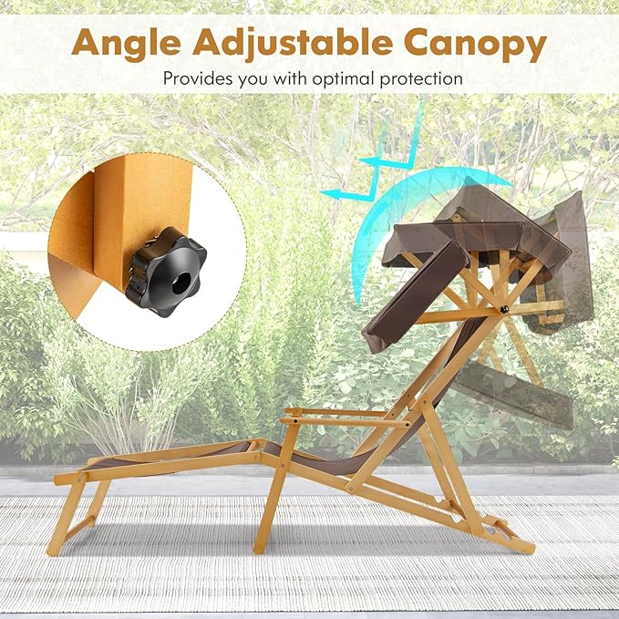 Giantex Lounge Chair Outdoor, Foldable Beach Chaise Lounge with Adjustable Canopy, Replacement Fabric, Wood Frame, Reclining Backrest & Footrest, Camping Chair for Patio, Poolside, Beach (2, Brown)