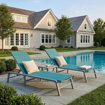 Kozyard 3-Pieces Patio Lounge Set, 2 Foldable Adjustable Lounge Chairs and Side Table, Aluminum Frame, Breathable Textilene Fabric, Assemble-Free, Reclining to Flat for Pool, Beach (MintGreen)