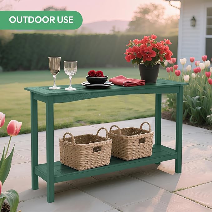 Weatherproof HIPS Outdoor Console Table, 48'' 2-Shelf Side Table Indoor/Outdoor Use, Multifunctional Buffet Table Bar Storage Organizer for Entryway, Patio, Outside Plant Stand Table, Green