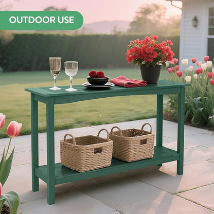 Weatherproof HIPS Outdoor Console Table, 48'' 2-Shelf Side Table Indoor/Outdoor Use, Multifunctional Buffet Table Bar Storage Organizer for Entryway, Patio, Outside Plant Stand Table, Green