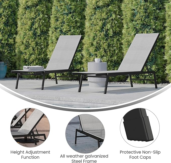 Flash Furniture Brazos Set of 2 Adjustable Chaise Lounge Chairs, Outdoor Five-Position Recliners, All Weather, Black/Gray