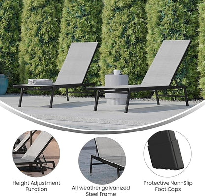 Flash Furniture Brazos Set of 2 Adjustable Chaise Lounge Chairs, Outdoor Five-Position Recliners, All Weather, Black/Gray