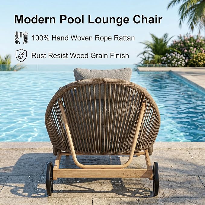 Patio Chaise Lounge Chairs Set of 2, Oversized Lounge Chair Outdoor with Cushions, Pool Lounger Chairs with Wheels, All Weather Wicker Outdoor Chaise Lounge Chairs for Outside/Deck, Grey