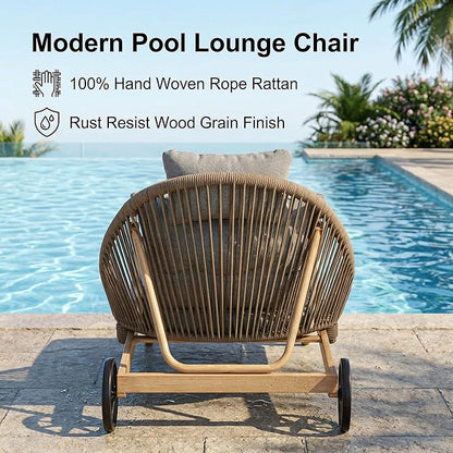 Patio Chaise Lounge Chairs Set of 2, Oversized Lounge Chair Outdoor with Cushions, Pool Lounger Chairs with Wheels, All Weather Wicker Outdoor Chaise Lounge Chairs for Outside/Deck, Grey
