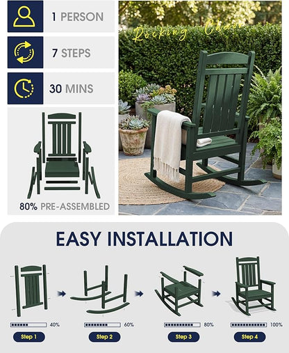 KINGYES HDPE Outdoor Rocking Chair, All-Weather Patio Rocking Chair, Weather Resistant Porch Rocker for Adults, Dark Green