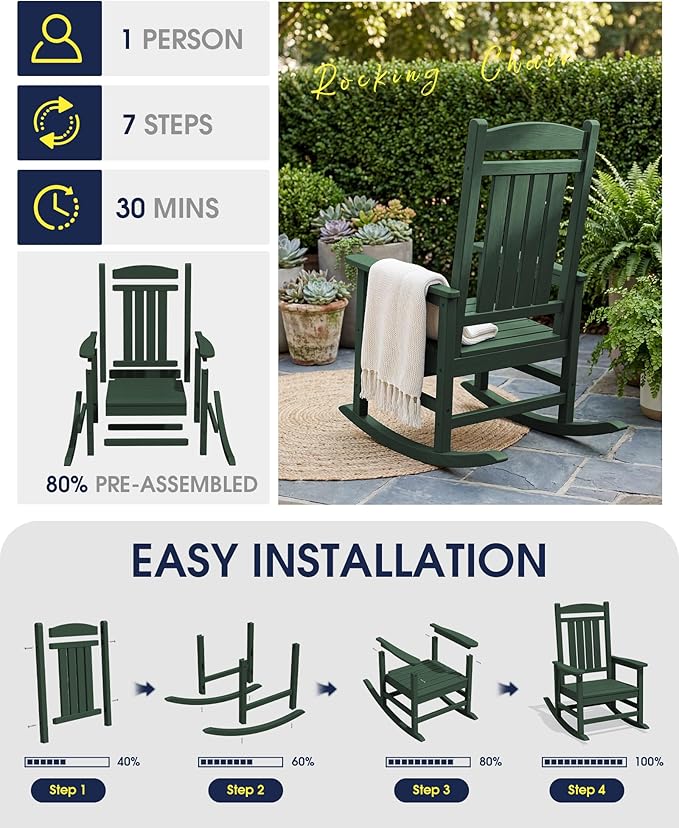 KINGYES HDPE Outdoor Rocking Chair Set of 2, All-Weather Patio Rocking Chair, Weather Resistant Porch Rocker for Adults, Dark Green