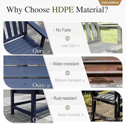 Sophia & William HDPE Outdoor Bench Weatherproof, 2-Person Garden Bench with Cup Holders, 700 lbs Capacity, Patio Benches for Porch, Garden, Backyard and Park, Navy