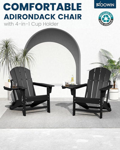 FOOWIN Folding Adirondack Chair, HDPE Adirondack Chairs with Cup Holder, Weather Resistant Plastic Fire Pit Chairs for Outdoor, Patio, Lawn, Garden, Backyard, Deck, Black