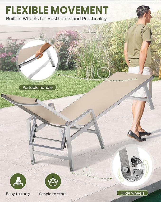 Patio Chaise Lounge Chair Outdoor with Wheels&Armrests, Aluminum Pool Lounge Chairs Five-Position Adjustable Recliner with Side Table, Outdoor Beach Lounge Chairs for Poolside, Deck, Garden, Khaki
