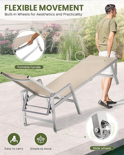 Patio Chaise Lounge Chair Outdoor with Wheels&Armrests, Aluminum Pool Lounge Chairs Five-Position Adjustable Recliner with Side Table, Outdoor Beach Lounge Chairs for Poolside, Deck, Garden, Khaki