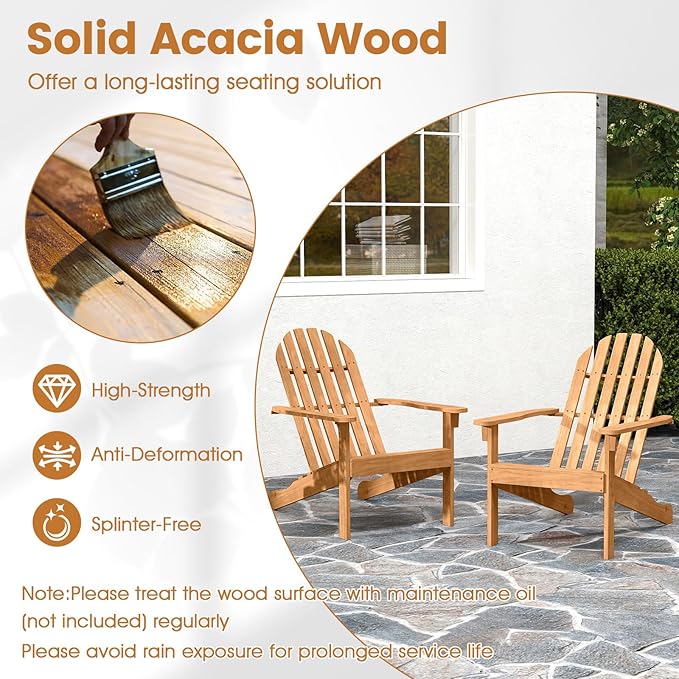 Giantex Adirondack Chairs Set of 2, Acacia Wood Fire Pit Chairs with Inclined Seat & High Backrest, Ergonomic Outdoor Slatted Patio Chairs for Lawn, Porch, Backyard, Poolside
