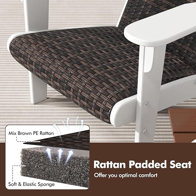 Tangkula Patio Wicker Adirondack Chair, HDPE Lounge Chair w/Rattan Padded Seat & Back, Wide Armrests & Hidden Cupholder, Outdoor All-Weather Adirondack Fire Pit Chair for Backyard, Lawn (2, White)