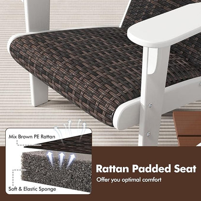 Tangkula Patio Wicker Adirondack Chair, HDPE Lounge Chair w/Rattan Padded Seat & Back, Wide Armrests & Hidden Cupholder, Outdoor All-Weather Adirondack Fire Pit Chair for Backyard, Lawn (2, White)