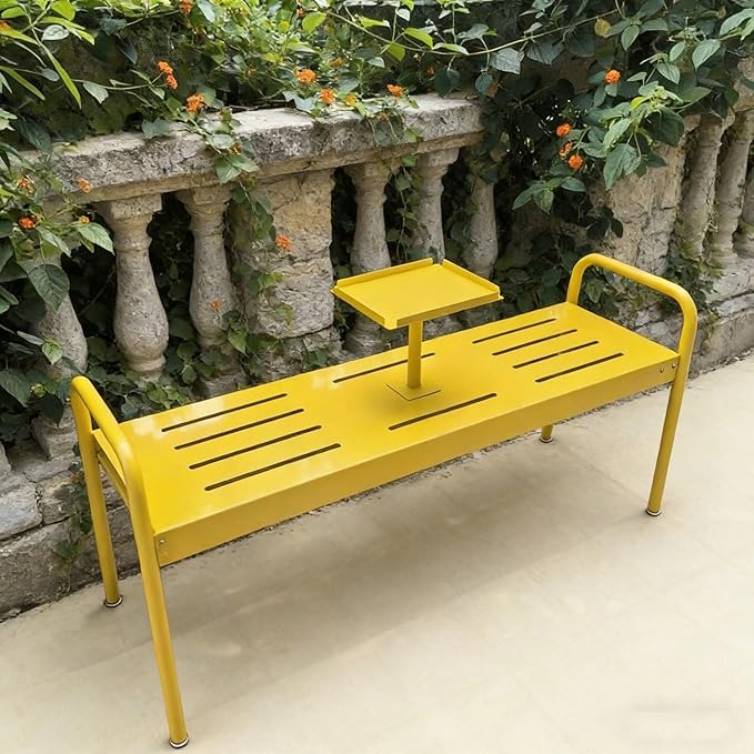 Modern Floor Patio Bench, 2-Person Metal Garden Bench Seat, Outdoor Benches Weatherproof with Built-in Small Table and Armrests, 120cm/47.2in Park Benches Outdoor Furniture(Yellow)