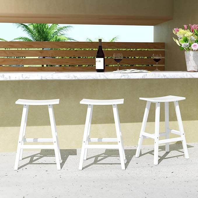 Costaelm All-Weather Bar Stools Set of 3, 29" Height Outdoor Bar Stools, Adirondack Poly Patio Bar Stool for Patio, Deck, Kitchen Counter and Garden, White