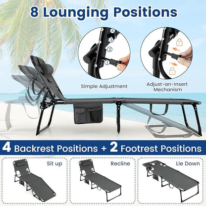 COSTWAY Folding Beach Lounge Chair, Tanning Chair with Face Hole, 5-Position Adjustable Backrest, Pillow & Side Pocket, Foldable Chaise Lounge Chair Outdoor for Sunbathing, Camping (1, Grey)