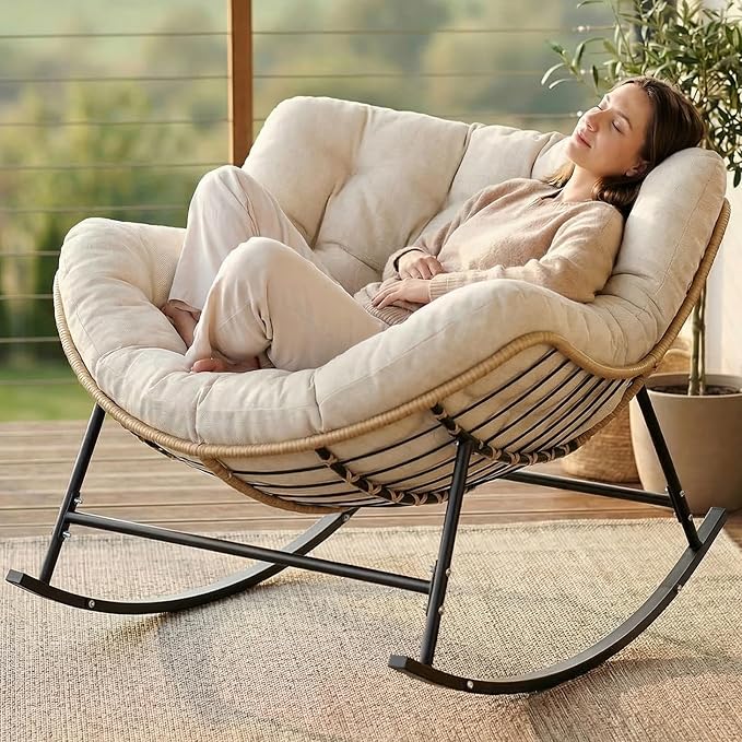 SWITTE Oversized Rocking Papasan Chair, Outdoor Wicker Egg Rocker with Thick Cushion - Photo 1