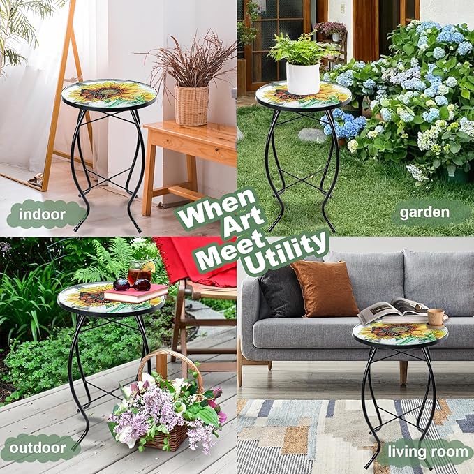VCUTEKA Patio Side Table Outdoor Accent Table Bistro Coffee Table Plant End Table Small Porch Table Indoor Round Glass Balcony Plant Table Stands Sunflower 14''