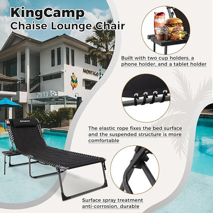 KingCamp Oversize Lounge Chair Outdoor, Extra Large Padded Folding 5 Positions Chaise Tanning Chairs with Pillow & Side Table for Outside Sunbathing Beach Patio Pool Camping (Black)